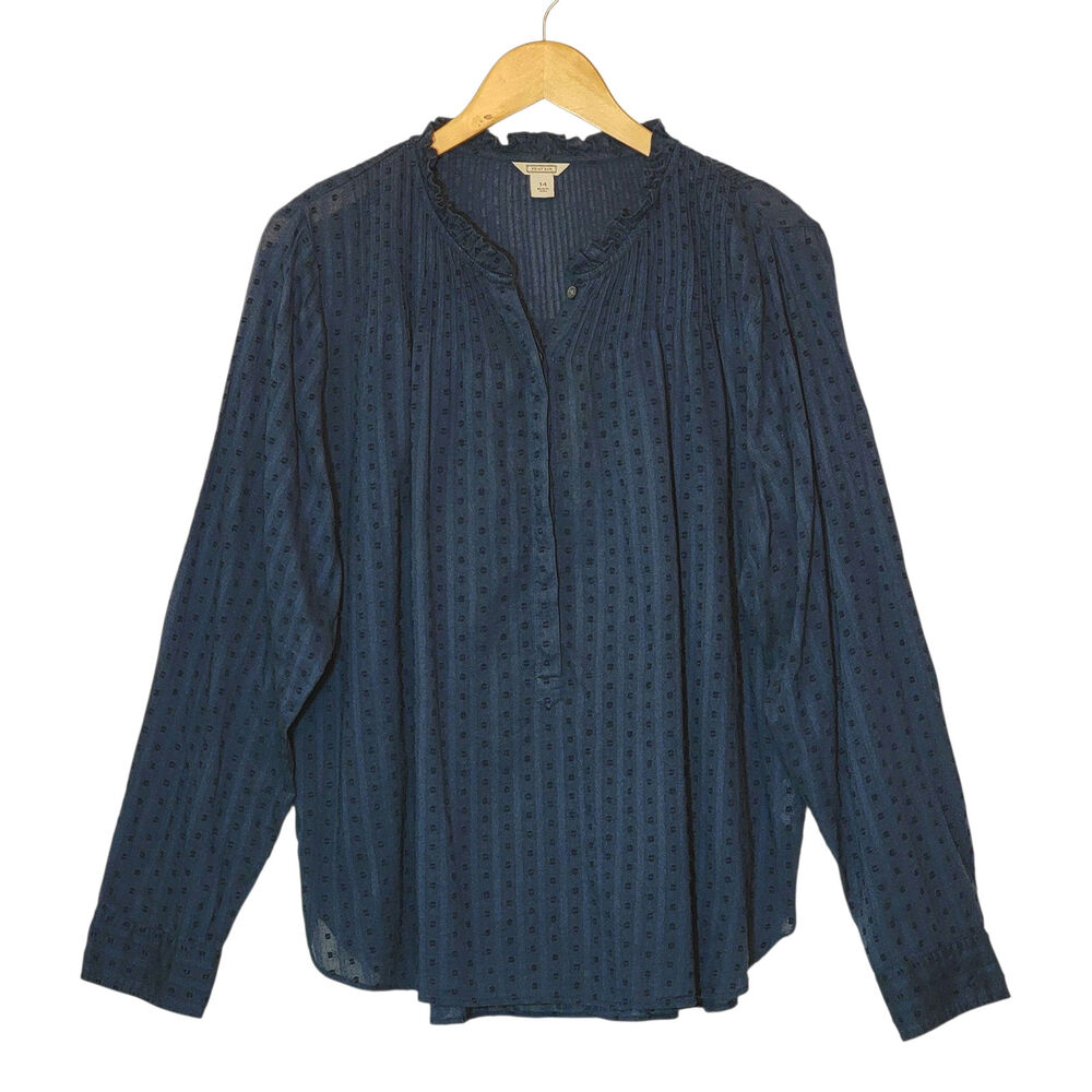 Point Sur J Crew Navy Swiss Dot Blouse Vintage Style Ruffle Collar Relaxed 14